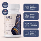 Vael One bottle with visual resilience, retinal cellular energy, after-dark confidence and screen-to-street recovery