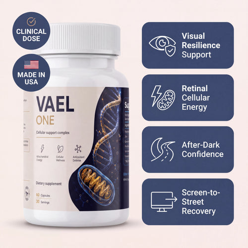 Vael One bottle with visual resilience, retinal cellular energy, after-dark confidence and screen-to-street recovery
